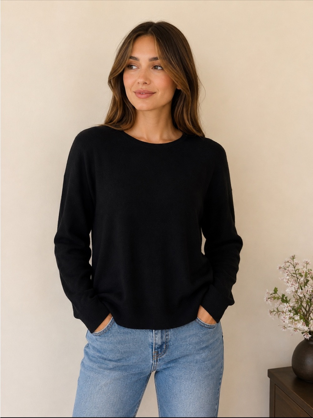 Rachel Zoe 100% Extra Fine Merino Wool Black Crewneck Sweater XL